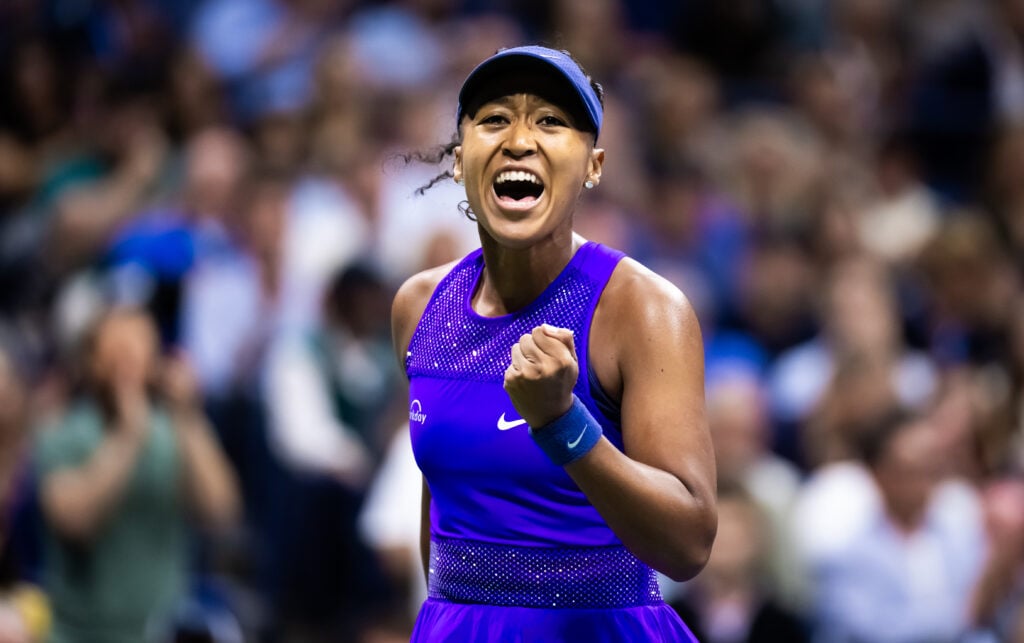 Naomi Osaka celebrating her win over Karolina Muchova at the 2025 US Open.