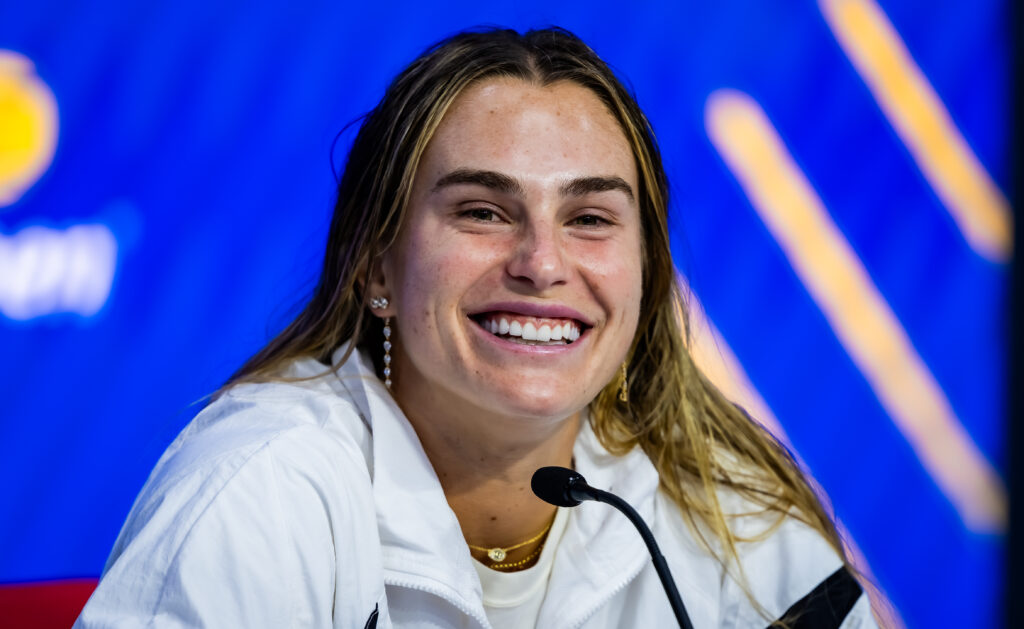 Aryna Sabalenka smiles at a US Open press conference.