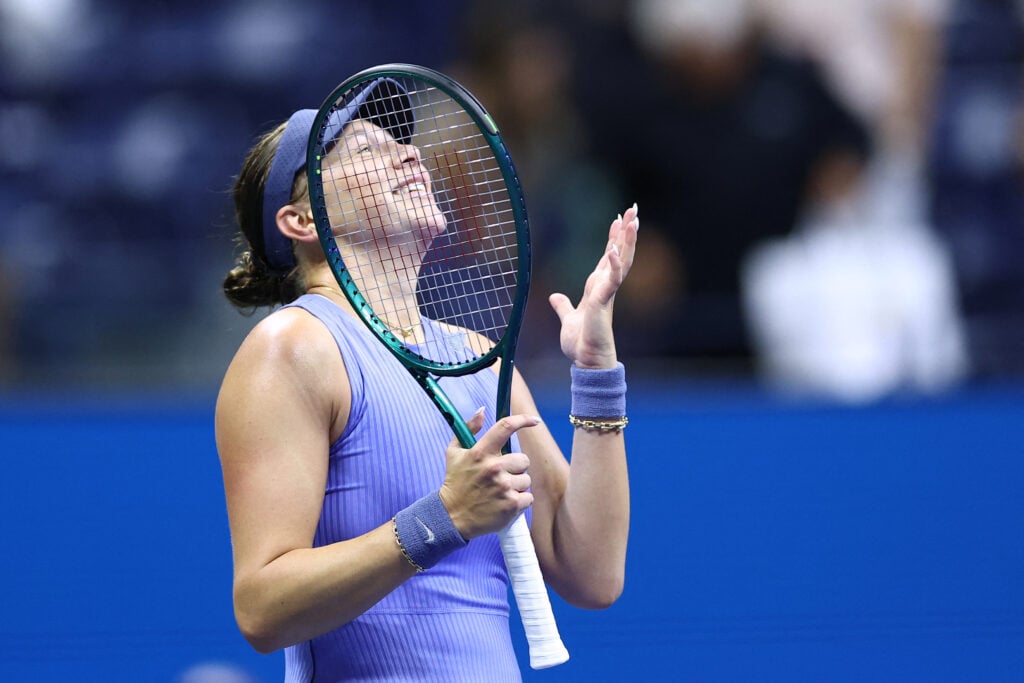 Amanda Anisimova reacts to her semifinal win at the US Open.