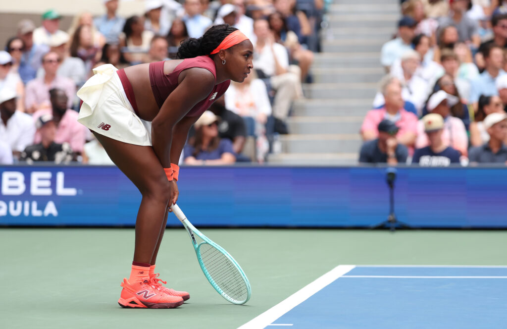 Coco Gauff reacts during her match with Naomi Osaka at the 2025 US Open