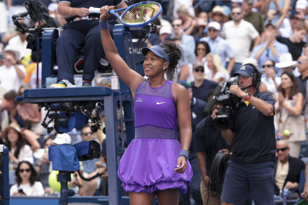 Naomi Osaka of Japan celebrates her fourth round victory against Coco Gauff of USA on day nine of the 2025 US Open Tennis Championships at USTA Billie Jean King National Tennis Center.