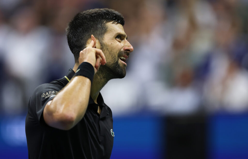 Novak Djokovic reacts during his quarterfinal match at the 2025 US Open