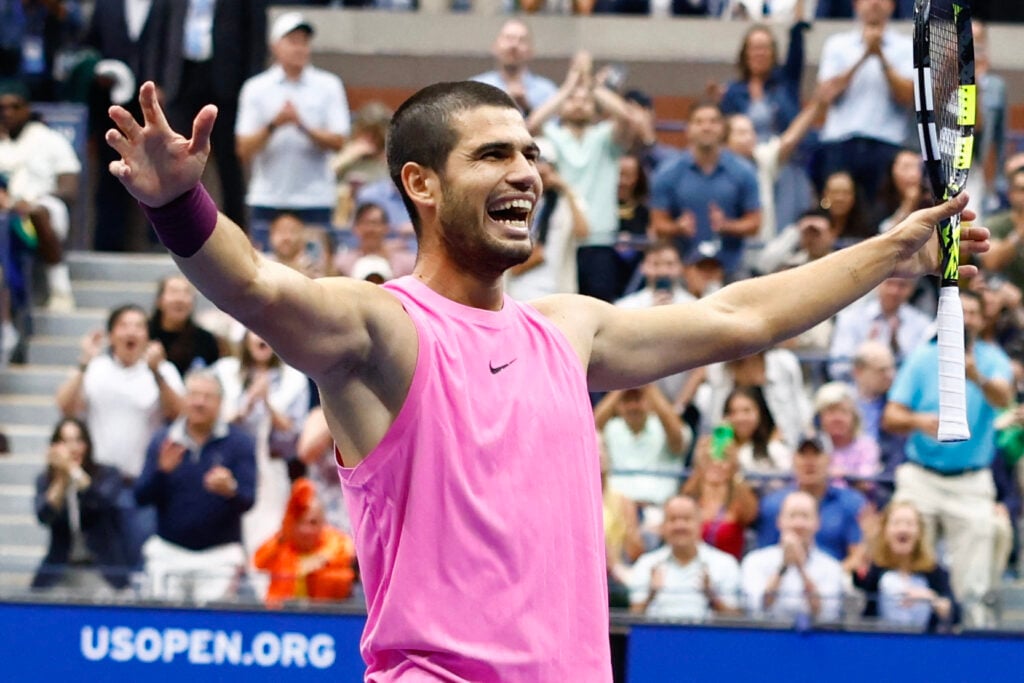 Carlos Alcaraz celebrates after defeating Italy's Jannik Sinner during their men's singles final tennis match on day fifteen of the US Open tennis tournament at the USTA Billie Jean King National Tennis Center in New York City.