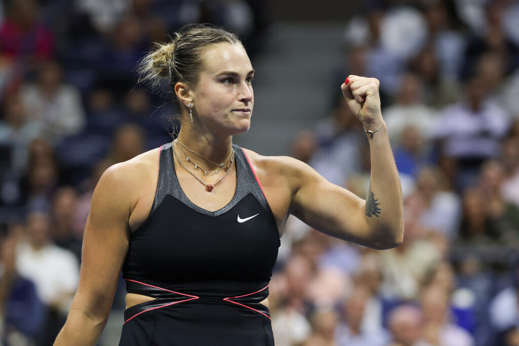 Aryna Sabalenka celebrates during her semifinal match at the 2025 US Open