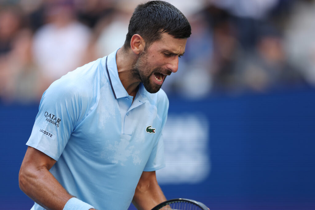 Novak Djokovic reacts during his defeat to Carlos Alcaraz at the 2025 US Open
