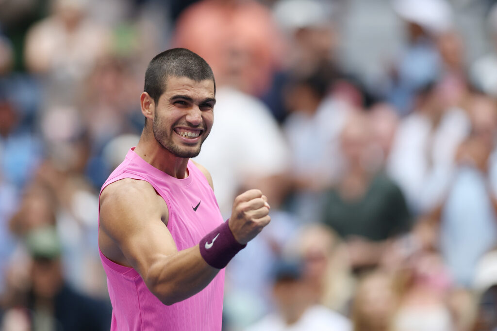 Carlos Alcaraz celebrates after reaching the 2025 US Open final