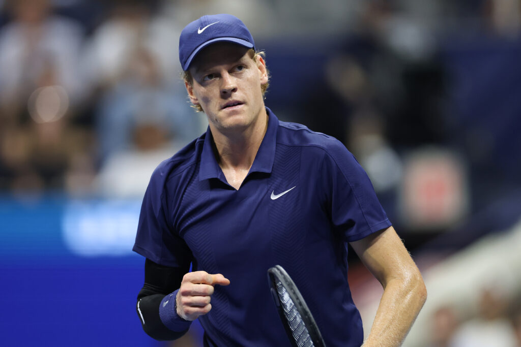 Jannik Sinner of Italy reacts against Felix Auger-Aliassime of Canada during their Men's Semifinal match on Day Thirteen of the 2025 US Open at USTA Billie Jean King National Tennis Center.