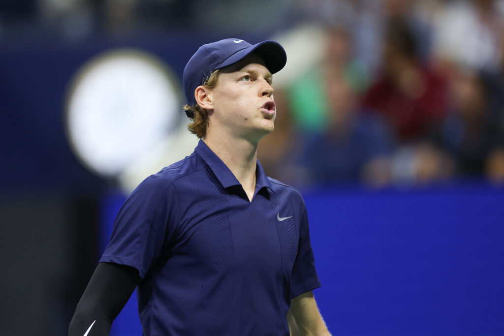 Jannik Sinner reacts during his match with Felix Auger-Aliassime at the US Open.