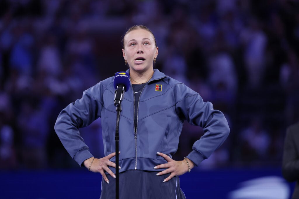 Amanda Anisimova of the United States speaks after losing to Aryna Sabalenka during their Women's Singles Final match on Day Fourteen of the 2025 US Open at USTA Billie Jean King National Tennis Center.