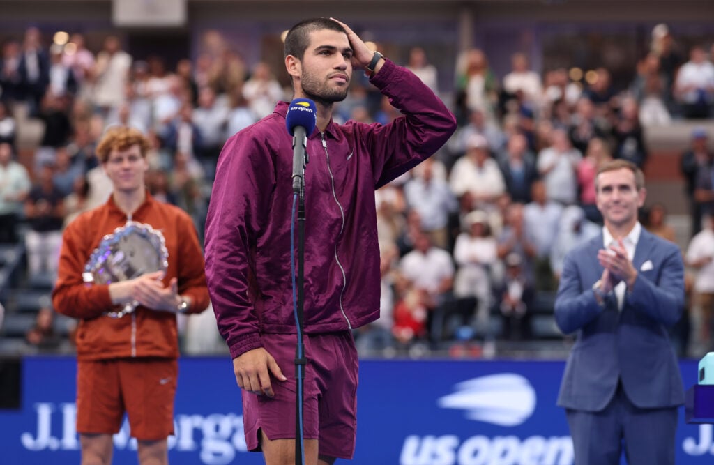 Carlos Alcaraz of Spain makes his winners speech after his four set victory against Jannik Sinner of Italy during their Men's Singles Final match on Day Fifteen of the 2025 US Open at USTA Billie Jean King National Tennis Center.