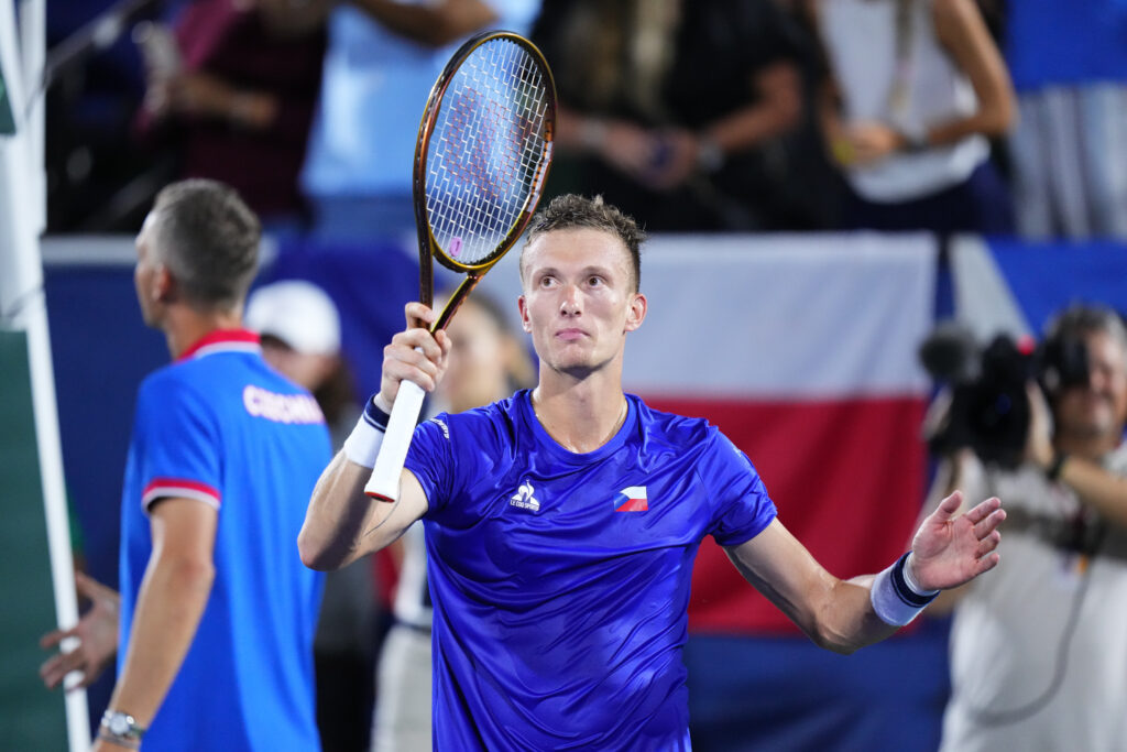 Jiri Lehecka celebrates his win over Frances Tiafoe at the 2025 Davis Cup