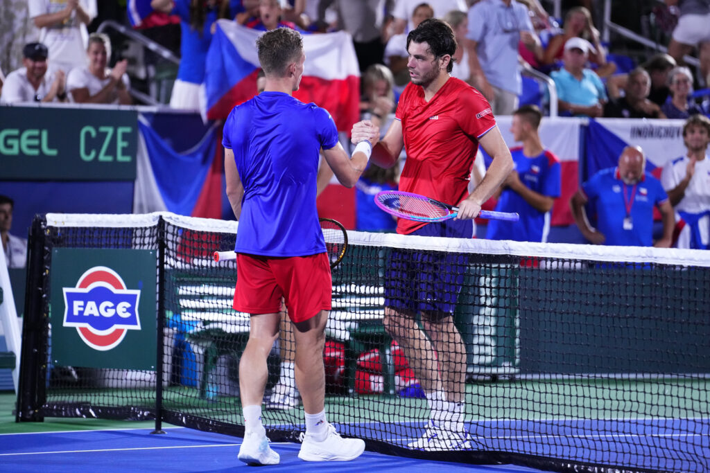 Jiri Lehecka of Team Czechia shakes hand with Taylor Fritz of Team USA after defeating him during the 2025 Davis Cup Qualifier second round match between USA and Czechia at Delray Beach Tennis Center.