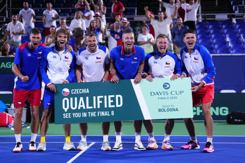 Team Czechia celebrates after defeating Team USA in the 2025 Davis Cup Qualifier second round match between USA and Czechia at Delray Beach Tennis Center.