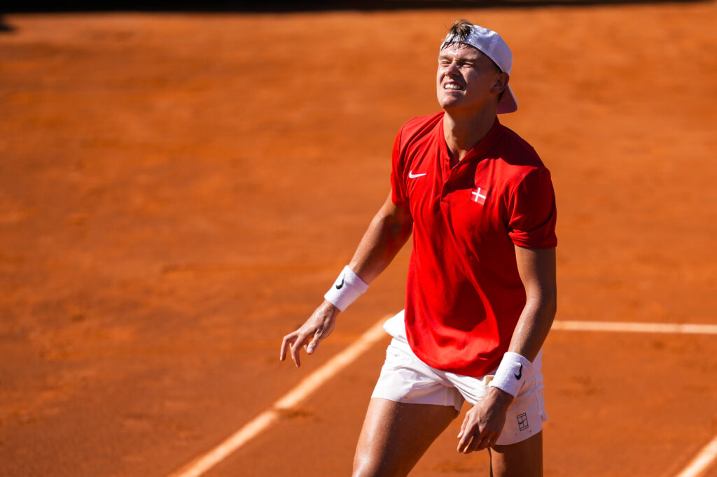 Holger Rune of Denmark gestures against Pedro Martinez of Spain during their men’s singles tennis match to 2025 Davis Cup Qualifiers Second Round between Spain and Denmark at Club Tennis Puente Romano.