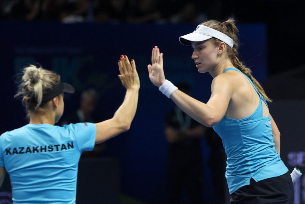 Elena Rybakina and Yulia Putintseva in action at the Billie Jean King Cup.