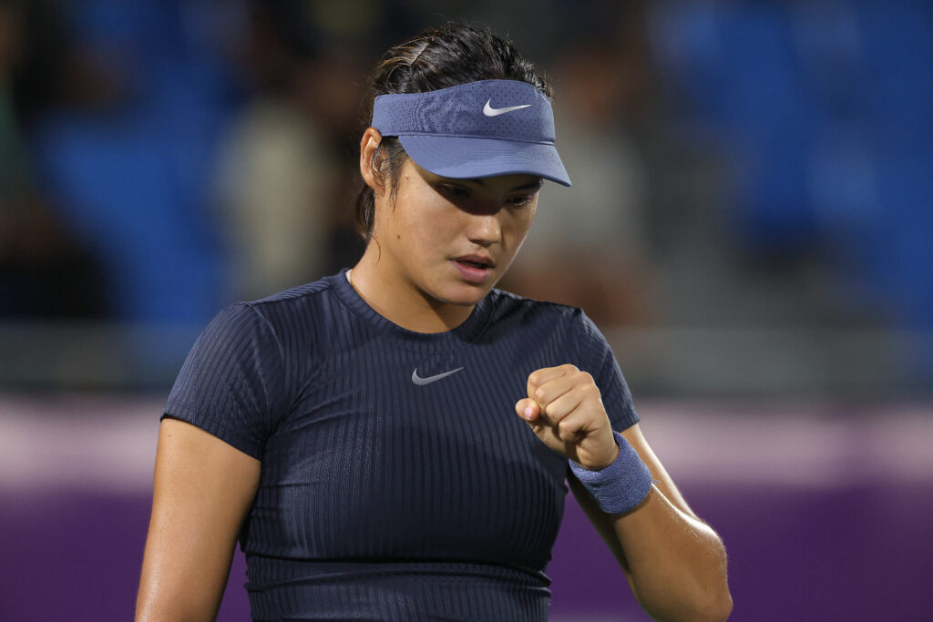 Emma Raducanu celebrates during her first-round win at the 2025 Korea Open