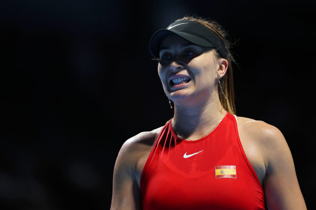Paula Badosa Gibert of Spain reacts during match 2 against Elina Svitolina of Ukraine in the Billie Jean King Cup by Gainbridge Finals 2025, Quarter-Final match between Spain and Ukraine at Shenzhen Bay Sports Centre Arena.