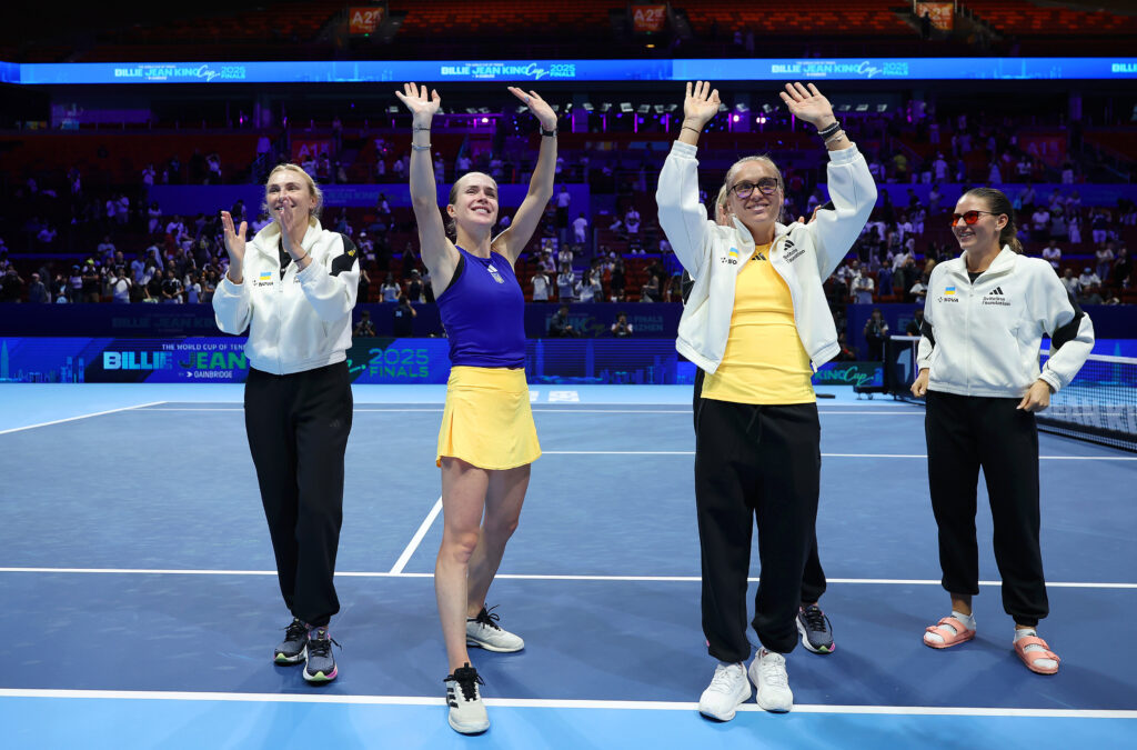 Team Ukraine celebrate their win over Spain at the 2025 Billie Jean King Cup