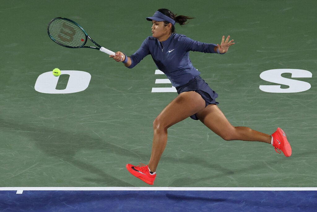 Emma Raducanu of Great Britain returns a shot against Barbora Krejcikova of Czechia in the women's singles round of 16 match during day four of the Korea Open Tennis Championship 2025 presented by Motiva at Seoul Olympic Park Tennis Center.