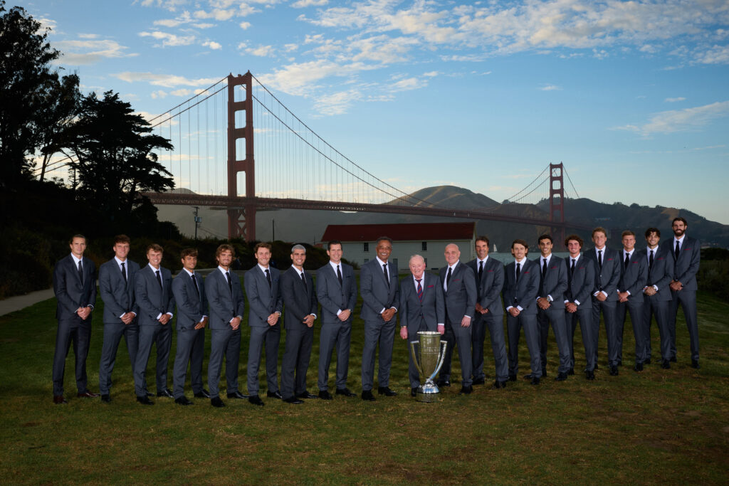 Team Europe and Team World pose with Rod Laver ahead of the 2025 Laver Cup