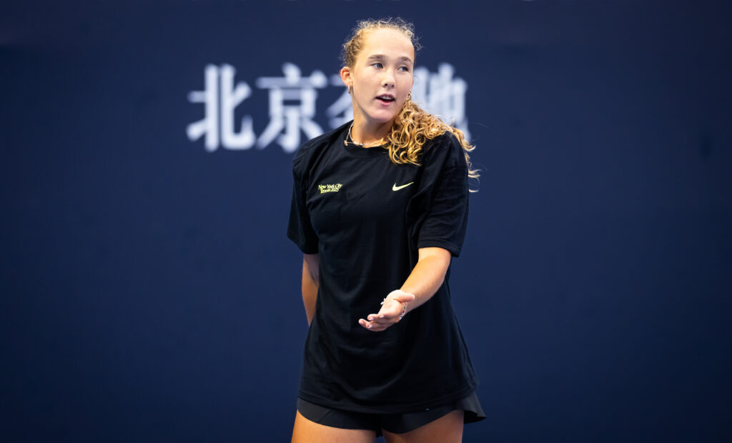 Mirra Andreeva during practice ahead of the China Open at National Tennis Center.