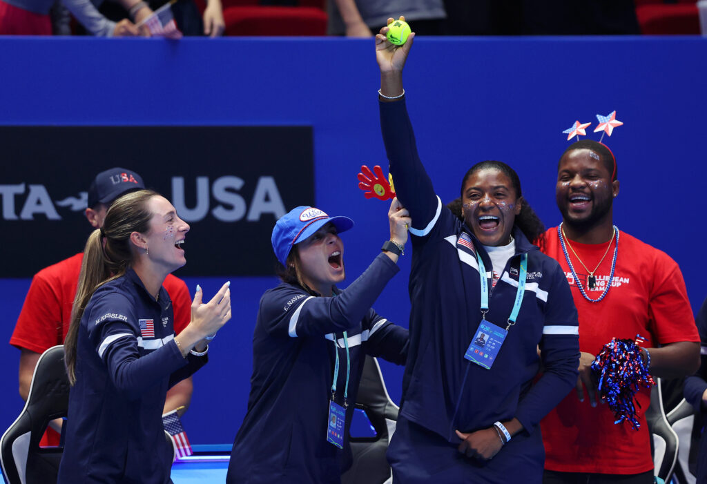 USA's team celebrate after reaching the finals of the Billie Jean King Cup.