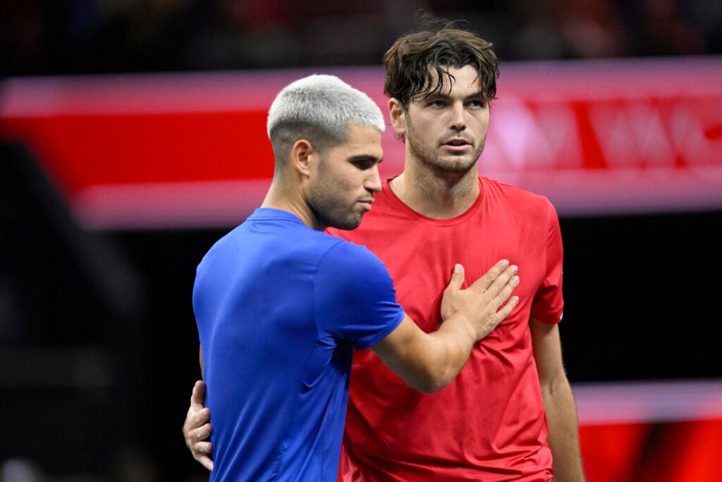 Taylor Fritz of Team World greets Carlos Alcaraz of Team Europe following their match during day two of Laver Cup 2025 at Chase Center.