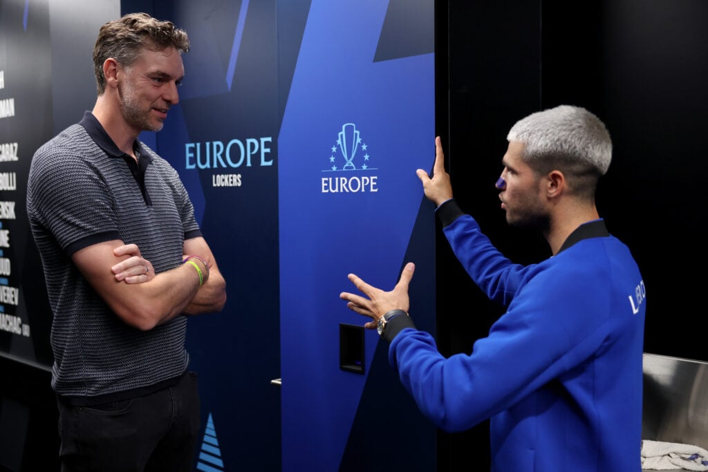Carlos Alcaraz in conversation with pau Gasol at the 2025 Laver Cup