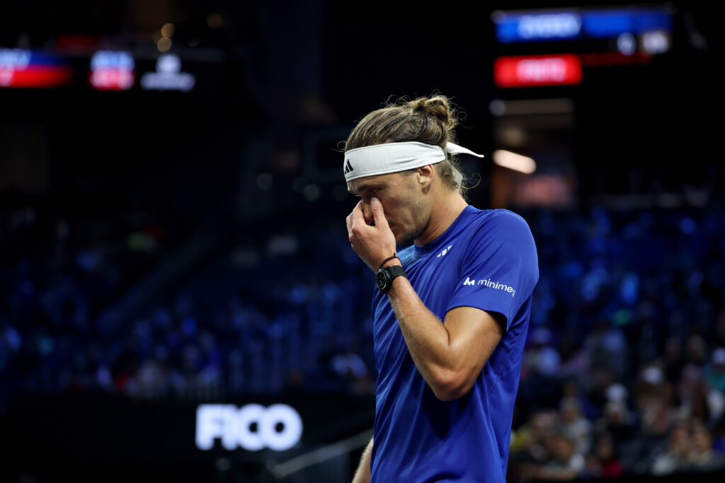 Alexander Zverev of Team Europe reacts against Taylor Fritz of Team World during day three of Laver Cup 2025 at Chase Center.
