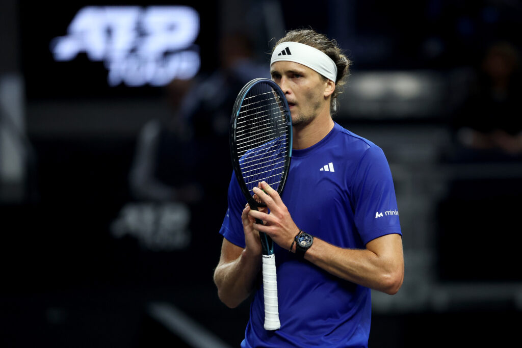 Alexander Zverev of Team Europe reacts after losing to Taylor Fritz of Team World during day three of Laver Cup 2025 at Chase Center.