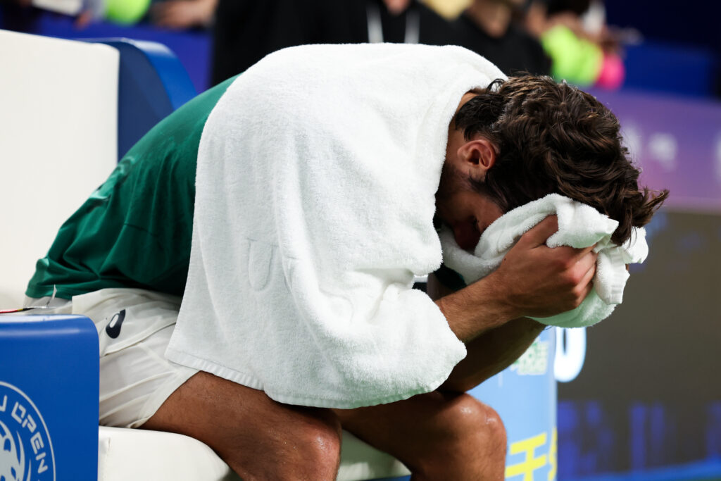 Lorenzo Musetti of Italy shows his dejection after against Alejandro Tabilo of Chile after the men's singles final match in the 2025 ATP Chengdu Open at Sichuan International Tennis Center.