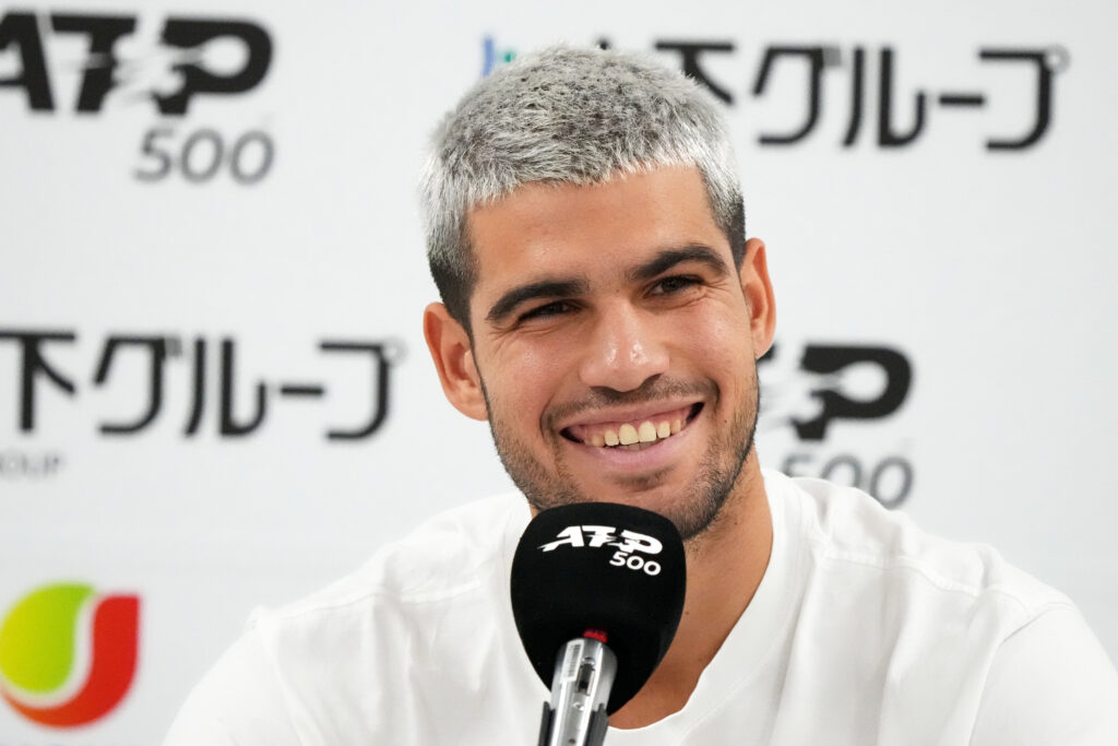 Carlos Alcaraz of Spain speaks to members of the media on day one of Kinoshita Group Japan Open at Ariake Colosseum.