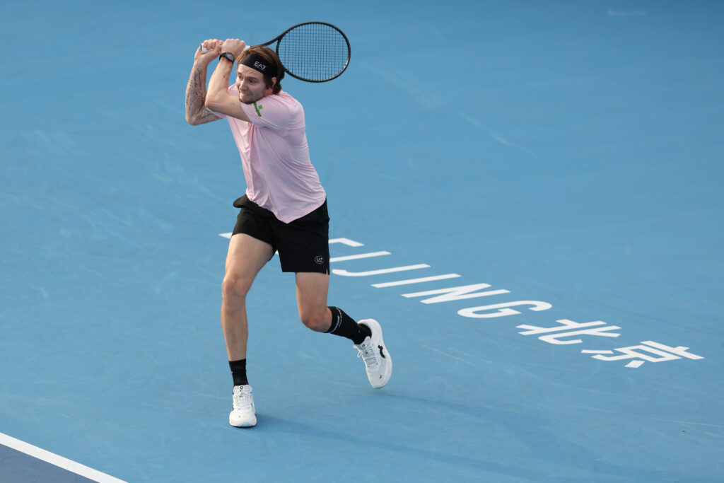 Alexander Bublik hits a shot at the 2025 China Open