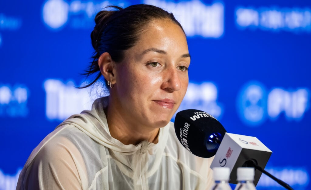 Jessica Pegula answers questions during a press conference at the 2025 China Open