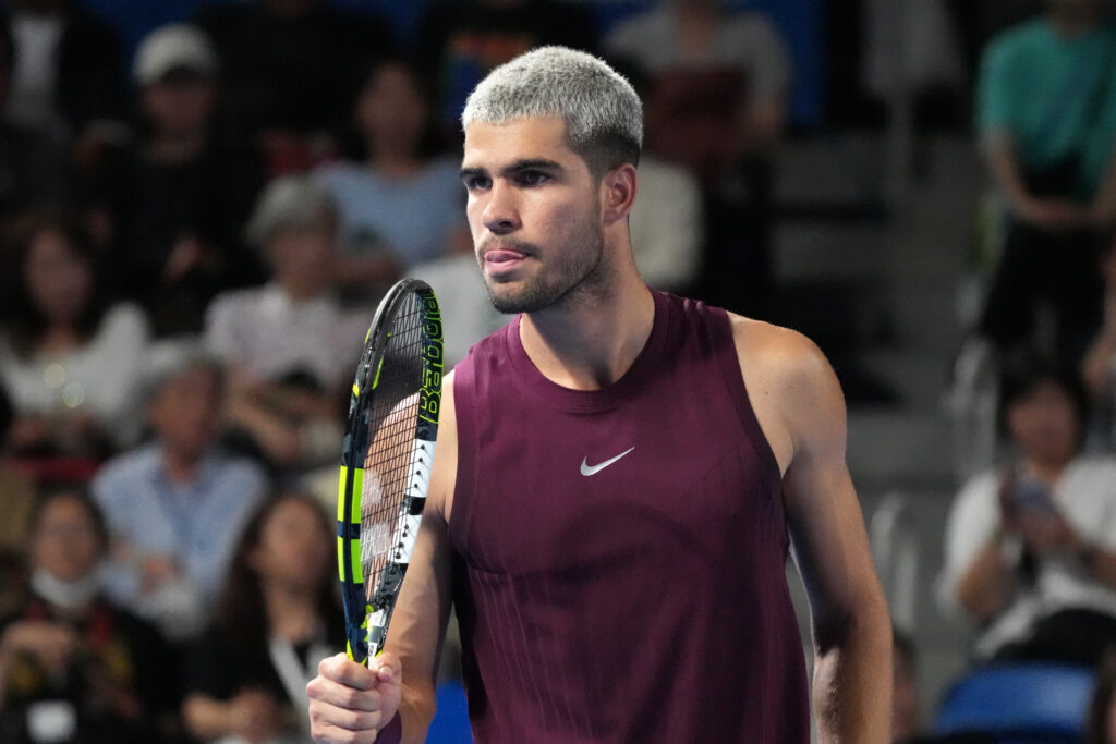 Carlos Alcaraz reacts at the Japan Open.