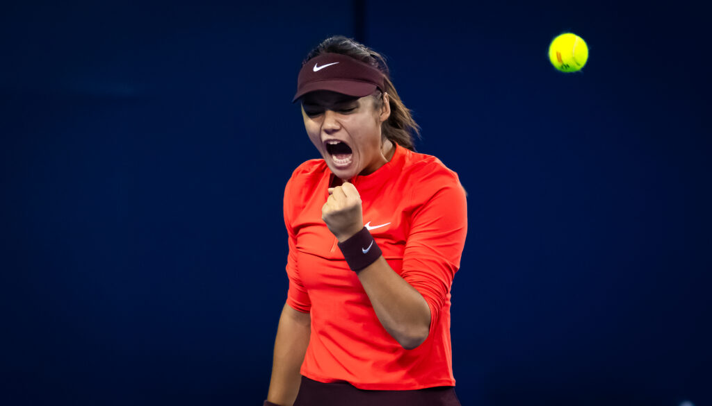 Emma Raducanu of Great Britain in action against Cristina Bucsa of Spain in the second round on Day 6 of the China Open at National Tennis Center.