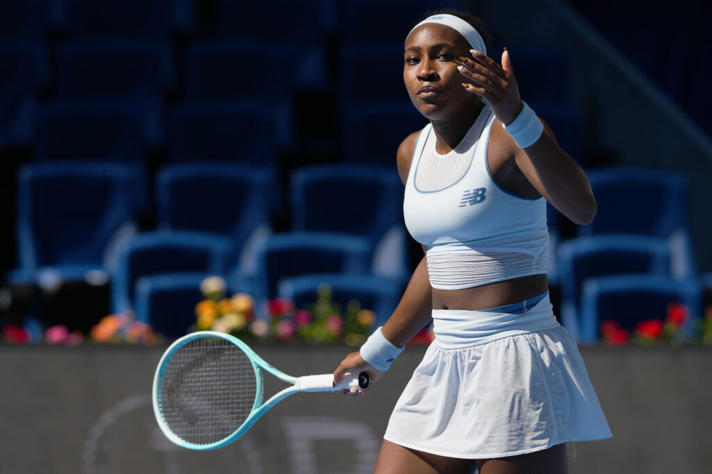 Coco Gauff of the United States reacts against Belinda Bencic of Switzerland during in the Women's Singles Round of 16 match on day 9 of the 2025 China Open at National Tennis Center.