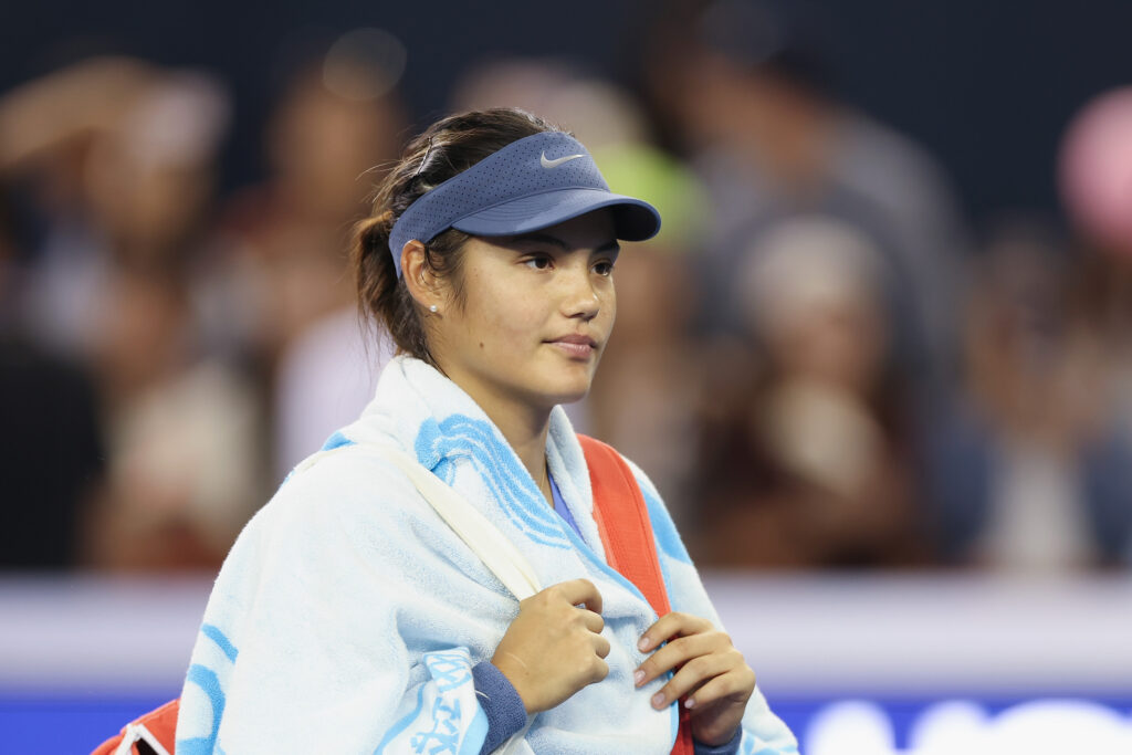 Emma Raducanu of Great Britain leaves the court after her match against Jessica Pegula of the United States in the Women's Singles Round of 32 match on day 8 of the 2025 China Open at National Tennis Center.