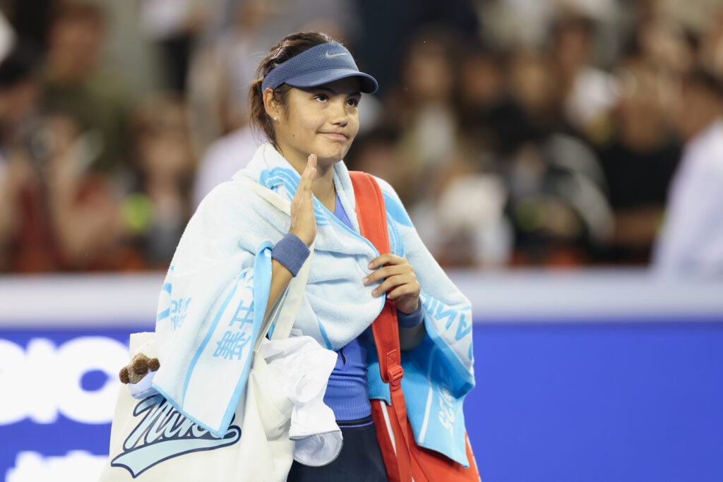 Emma Raducanu of Great Britain leaves the court after her match against Jessica Pegula of the United States in the Women's Singles Round of 32 match on day 8 of the 2025 China Open at National Tennis Center.