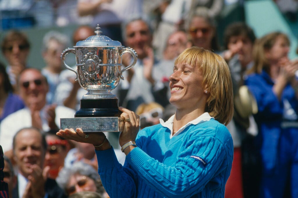 Martina Navratilova celebrates with the French Open title