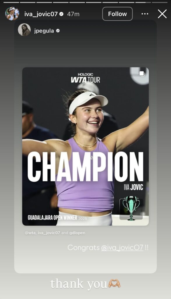 Jessica Pegula sends message to Iva Jovic on Instagram after she wins her first WTA title at the Guadalajara Open.