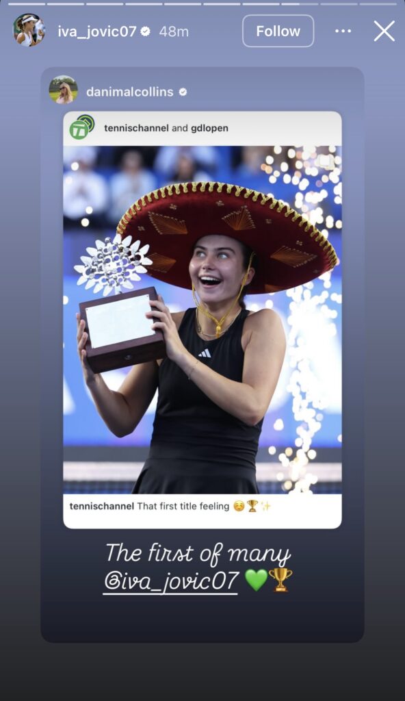 Danielle Collins sends message to Iva Jovic on Instagram after she wins her first WTA title at the Guadalajara Open.