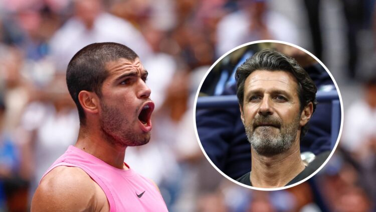 Carlos Alcaraz celebrating his win over Jiri Lehecka at the 2025 US Open, with an inset of Patrick Mouratoglou looking on during the 2018 US Open w...