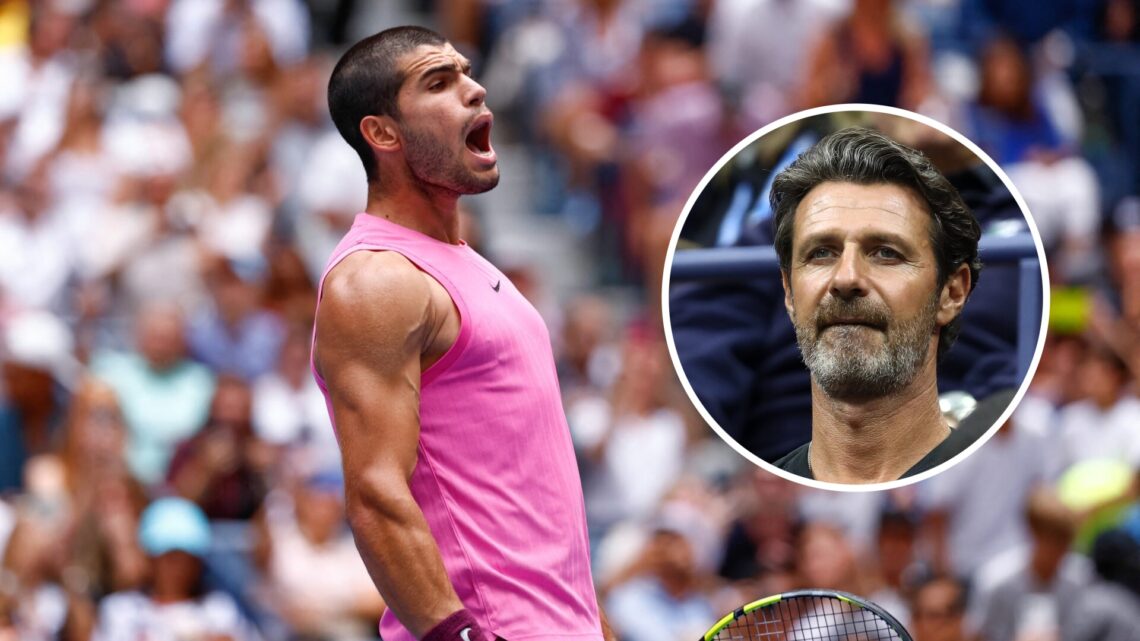 Carlos Alcaraz celebrating at the US Open, with an inset of Patrick Mouratoglou looking on during the Women's Singles finals match between Serena W...