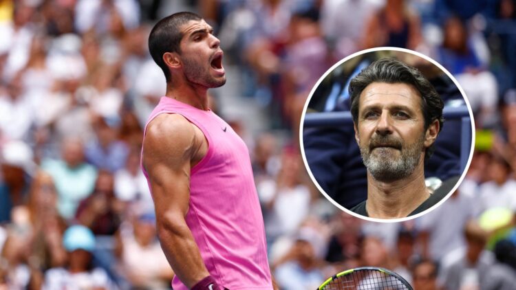 Carlos Alcaraz celebrating at the US Open, with an inset of Patrick Mouratoglou looking on during the Women's Singles finals match between Serena W...