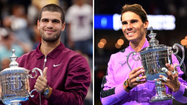 Carlos Alcaraz (L) with the 2025 US Open title, Rafael Nadal (R) with the 2019 US Open title.