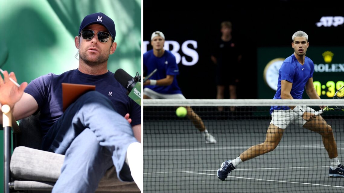 Split image of Andy Roddick hosts the Served podcast live from the Fan Zone during day two of Laver Cup 2025 at Chase Center and Jakub Mensik of Te...