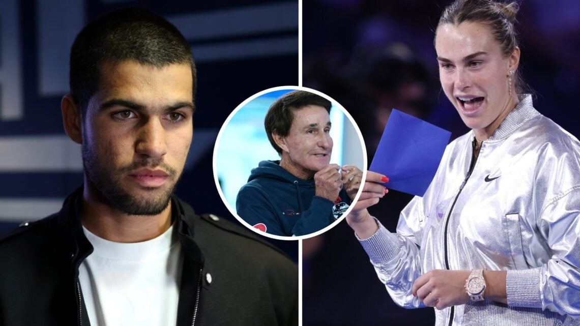 Split image of Carlos Alcaraz of Spain films a Tik Tok during his appearance on the Today Show following his victory over Jannik Sinner of Italy in...