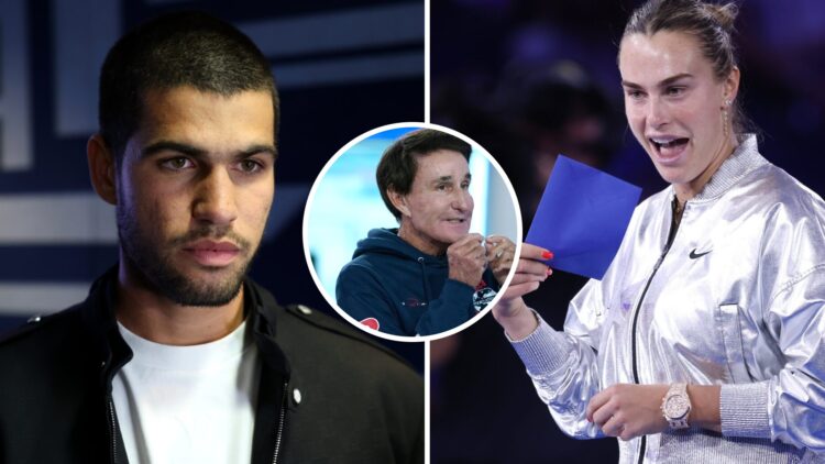 Split image of Carlos Alcaraz of Spain films a Tik Tok during his appearance on the Today Show following his victory over Jannik Sinner of Italy in...