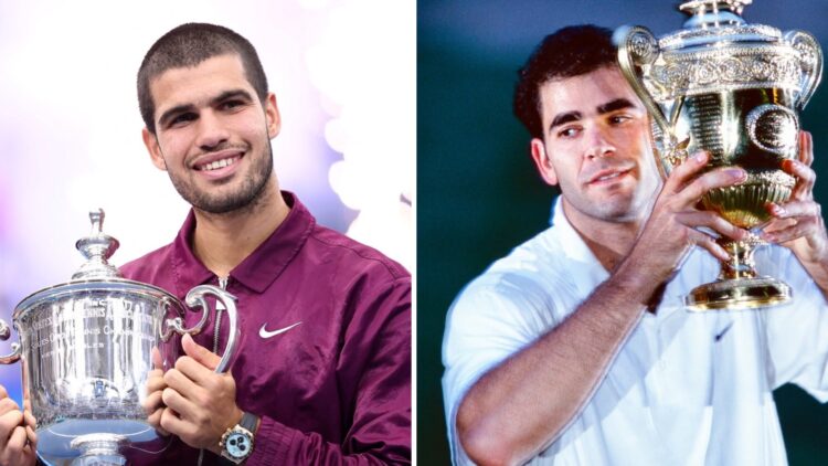 Carlos Alcaraz (L) holding the 2025 US Open title, Pete Sampras (R) hoisting the 2000 Wimbledon trophy.